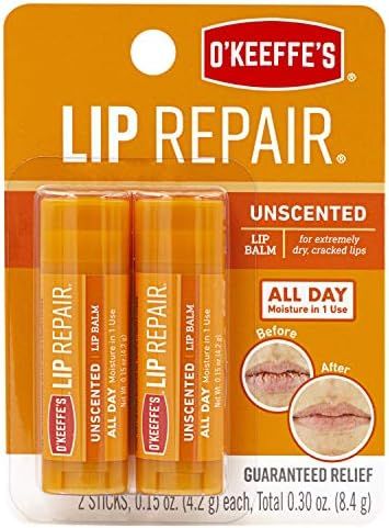 O'Keeffe's Unscented Lip Repair Lip Balm for Dry, Cracked Lips, Stick, Twin Pack, Clear, K0700432 | Amazon (US)