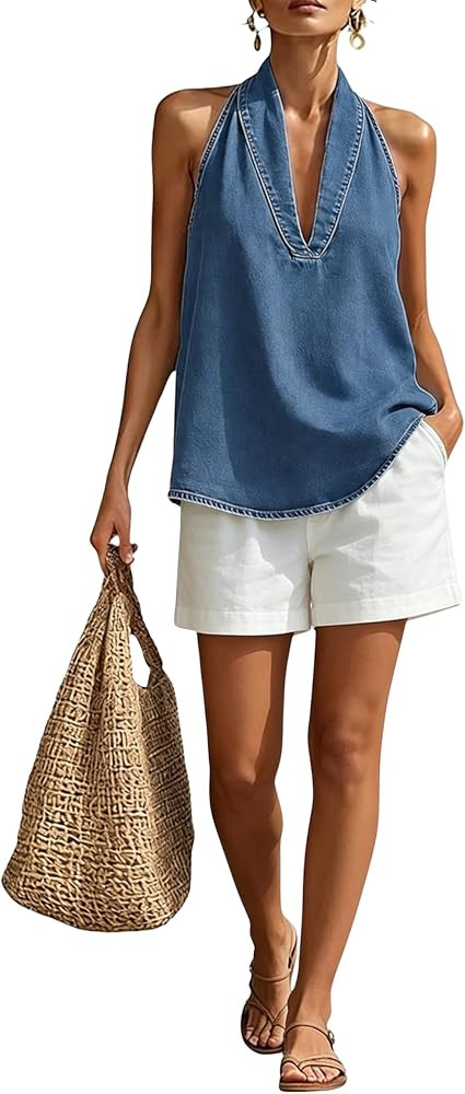 Huaqiao Womens Summer Sleeveless Denim Tops Halter V Neck Jean Vest Casual Loose Fit Sexy Y2K Tan... | Amazon (US)