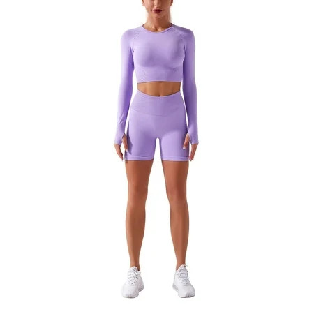 Canis Women’s Workout Set 2 Piece Tracksuit - Seamless High Waist Leggings and Long Sleeve Crop Top  | Walmart (US)