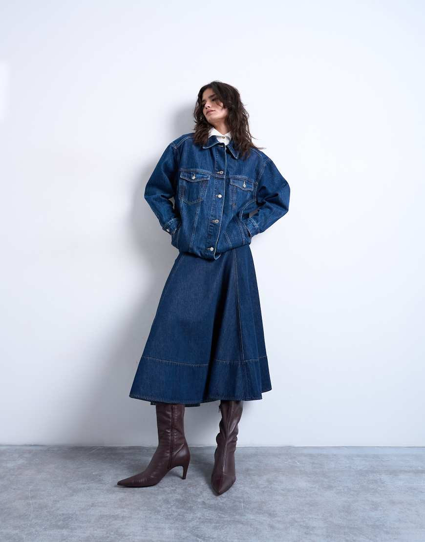 Topshop denim dropped waist seamed midi skirt in rinse-Blue | ASOS (Global)