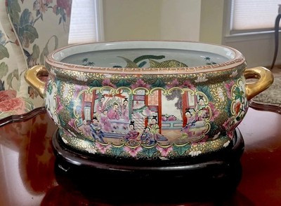 Vintage Chinese Rose Medallion 18 inch porcelain footbath with Rosewood Stand | eBay US