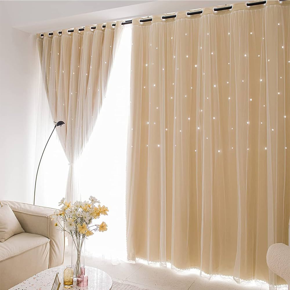 Stars Cutout Blackout Curtains with Tulle Overlay 2 Layers Grommet Window Panels for Kids Bedroom... | Amazon (US)