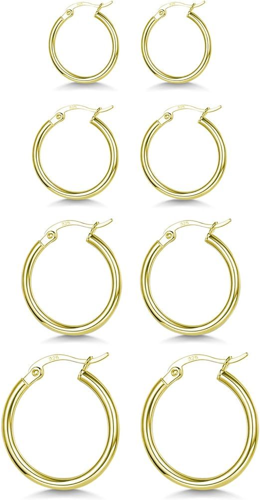 3 Pairs 925 Sterling Silver Hoop Earrings | Small White Gold Plated Hoop Earrings for Women Girls... | Amazon (US)