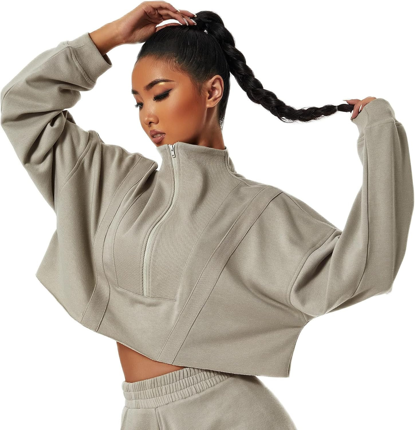 HerGymClothing Womens Cropped Sweatshirt Long Sleeve Half Zip Loose Workout Crop Athletic Jacket | Amazon (US)