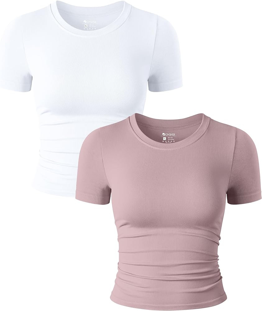 OQQ Womens 2 Piece Shirts Short Sleeve Crew Neck Ruched Stretch Fitted Tee Shirts Crop Tops | Amazon (US)