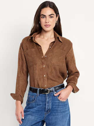 Button-Down Faux-Suede Boyfriend Shirt | Old Navy (US)