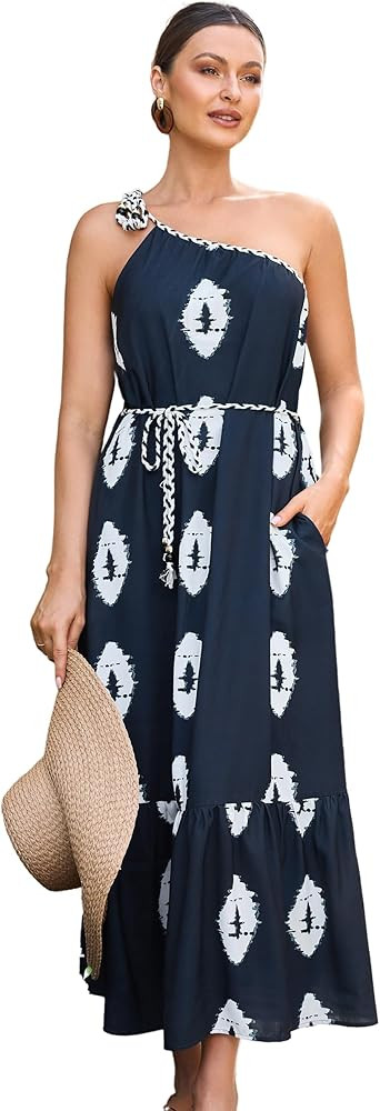 Womens Summer Maxi Dress Casual One Shoulder Midi Dresses Beach Vacation Boho Resort Long... | Amazon (US)