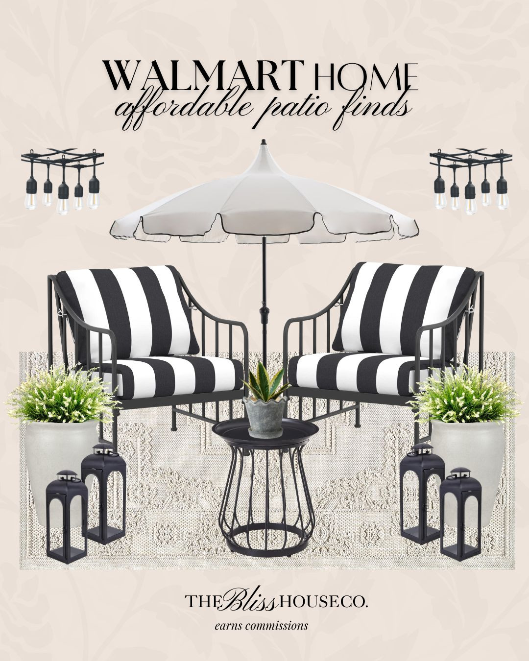 Walmart patio refresh! 🤍🖤 Designer-inspired black and white outdoor chairs, striped cushions, scalloped umbrella, lanterns, and a neutral outdoor rug. All affordable and easy to style. Perfect for spring hosting, front porch seating, or backyard patio updates without the designer price tag.


Walmart patio furniture, Walmart outdoor decor, affordable patio finds, black and white patio, striped outdoor cushions, scalloped patio umbrella, outdoor lanterns, neutral outdoor rug, small patio setup, balcony seating ideas, front porch seating, designer look for less, spring patio refresh, backyard styling, outdoor entertaining decor. 

 #LTKHome
