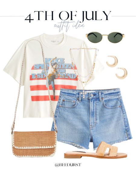 Fourth of July outfit idea, 4th of July outfit idea, July 4 outfit idea, Americana outfit idea, patriotic outfit idea, Americana tee, cropped tee, Bruce Springsteen tee, band tee, denim shorts, mom shorts, high waisted shorts, jean shorts, straw purse, crossbody purse, raffia sandals, slide sandals, trendy sunglasses, gold sunglasses, layered necklaces, pearl necklaces, huggie hoops 

#LTKFindsUnder100 #LTKShoeCrush #LTKItBag