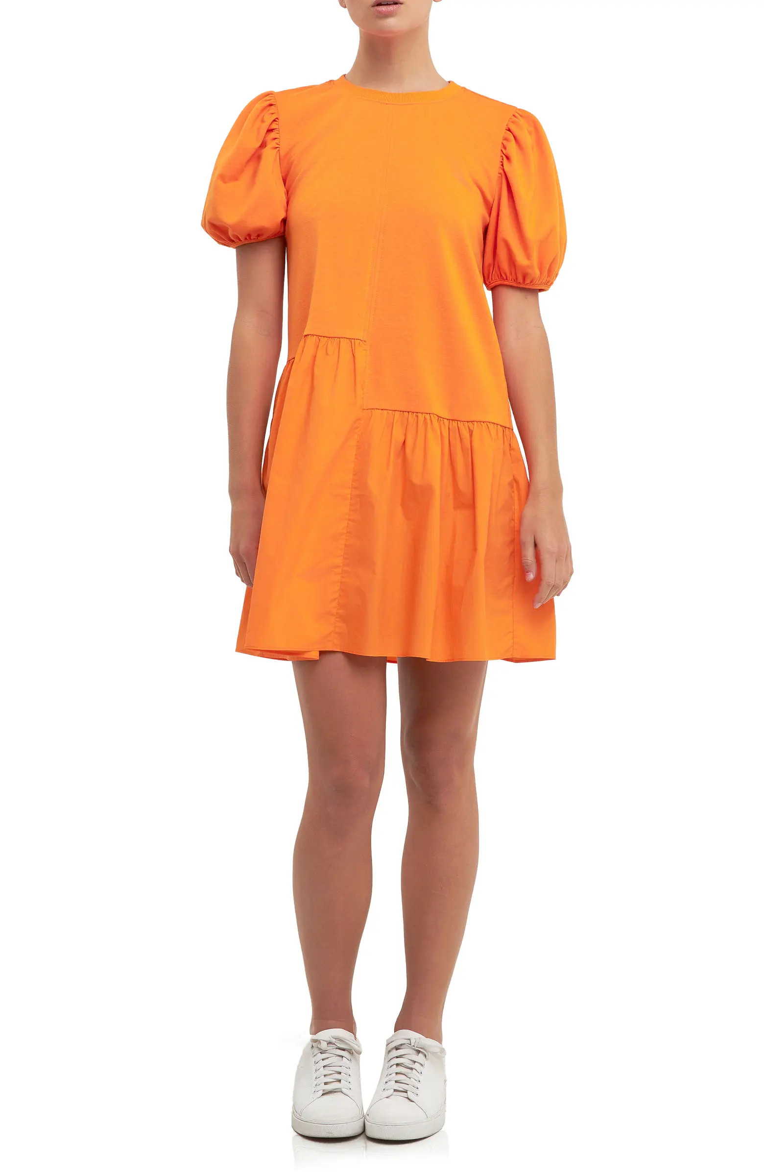 Puff Shoulder Mixed Media Minidress | Nordstrom