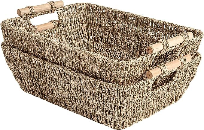 StorageWorks Hand-Woven Large Storage Baskets with Wooden Handles, Seagrass Wicker Baskets for Or... | Amazon (US)
