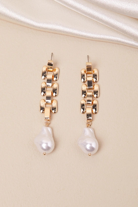 Ardena 18KT Gold Pearl Chain Link Drop Earrings | Lulus