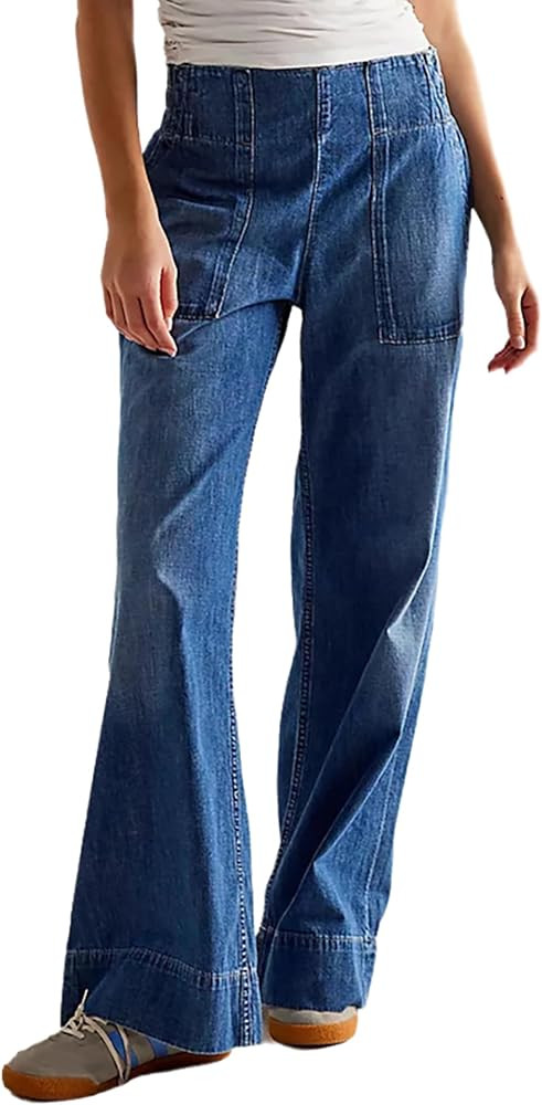 Womens Wide Leg Jeans Elastic Low Rise Pull on Baggy Jeans Casual Straight Leg Denim Pants | Amazon (US)