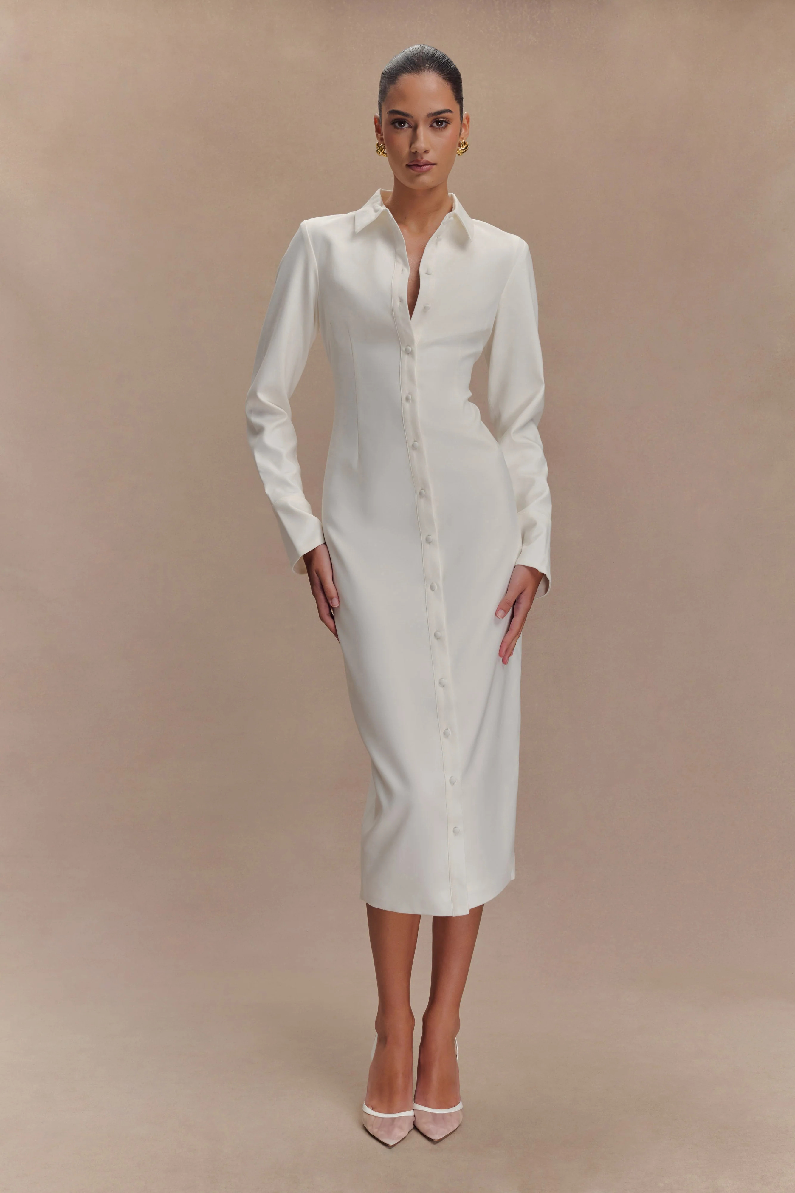Fitted Shirt Midi Dress - White | MESHKI US
