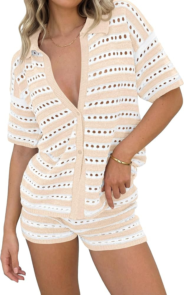 Saodimallsu Womens Crochet Swimsuit Coverup Summer 2 Piece Outfits Striped Knit Short Sleeve Butt... | Amazon (US)