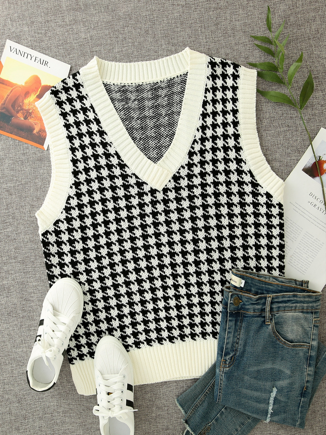 Chaleco jersey de cuello V de pata de gallo | SHEIN
