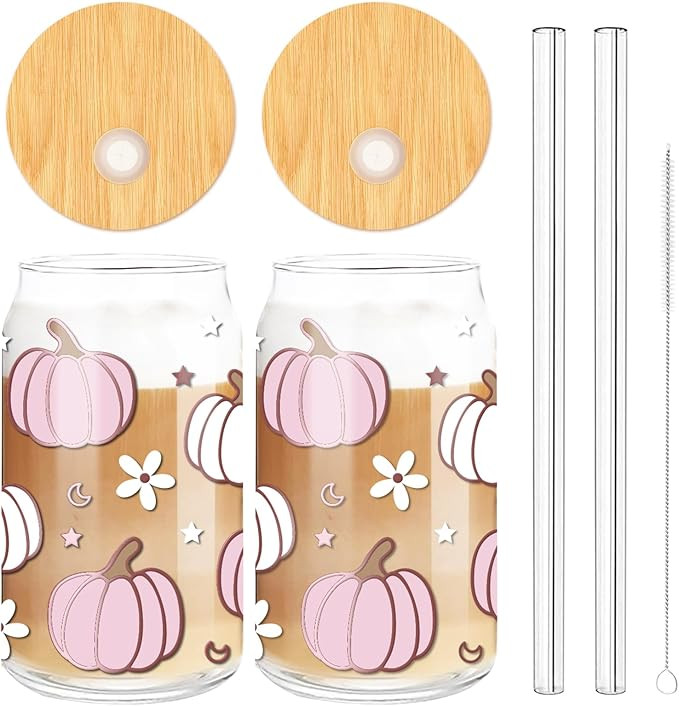 Whaline 2 Pack Fall Drinking Glasses 16oz Pumpkin Flower Star Glass Cup Pink White Pumpkin Iced C... | Amazon (US)