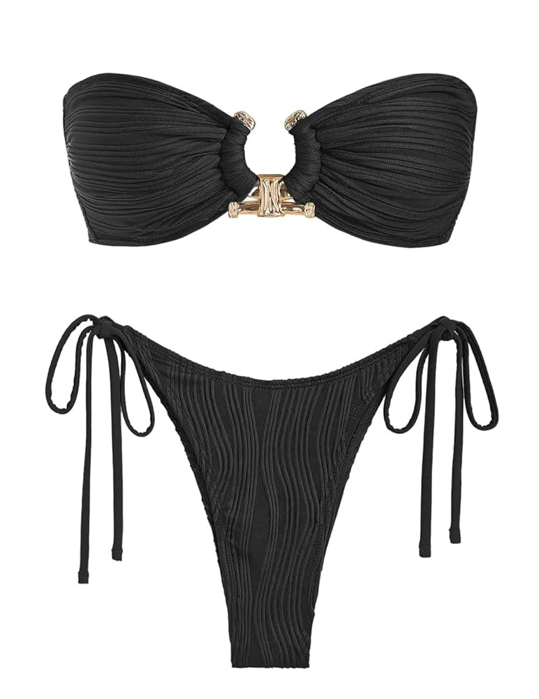 ZAFUL Women Bikini Sets Ribbed Textured Metal Two Piece Adjustable Tie Back Bandeau Bathing Suit ... | Amazon (US)