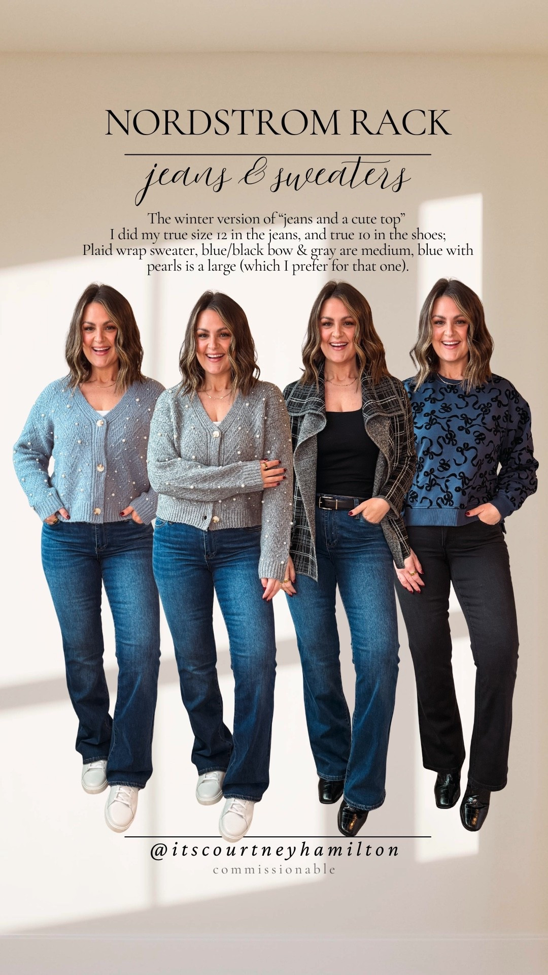 Nordstrom Rack Outfit favorites for holiday get togethers & winter staples 

Blue pearl cardigan, large
Gray pearl cardigan, medium 
Plaid wrap sweater, medium 
Blue/black bow sweater, medium 
Jeans, 12 (both pairs)
Boots, 10 (true to size)
Sneakers, 10 (true to size)

@nordstromrack #nordstromrackpartner #rackscore size 12, midsize, bootcut jeans, casual style, sweater weather, holiday outfit, mom style 

#LTKFindsUnder50 #LTKMidsize #LTKOver40