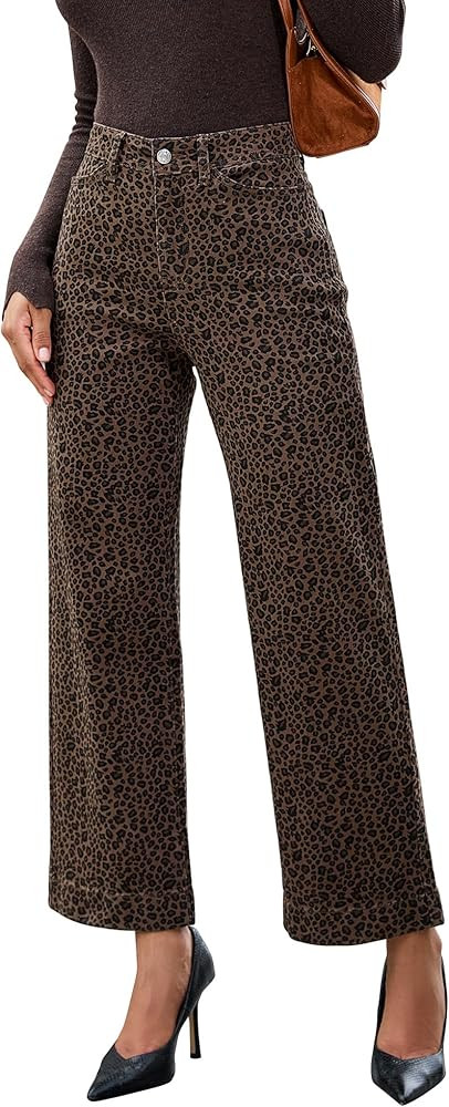 luvamia Wide Leg Jeans Woman Trendy High Waisted Leopard Cheetah Print Ankle Length Stretchy Deni... | Amazon (US)