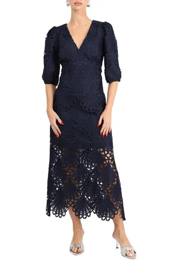 Adelyn Rae Kinsley Puff Sleeve Lace Midi Dress in Navy at Nordstrom Rack, Size X-Large | Nordstrom Rack