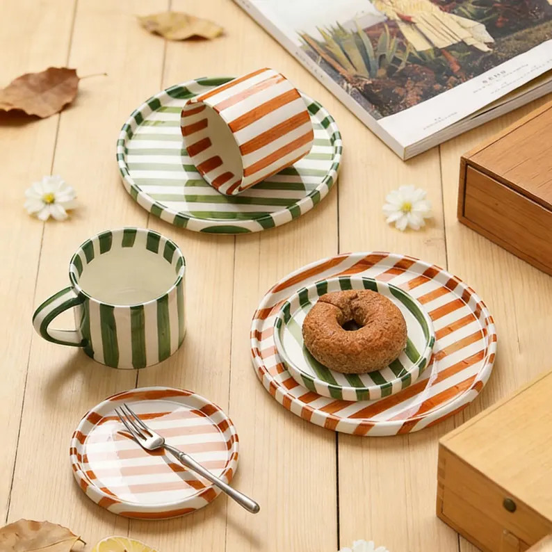 Personalized Striped Ceramic Coffee Cup Set,Retro Style Coffee Cup,Handmade Striped Espresso Cupw... | Etsy (US)