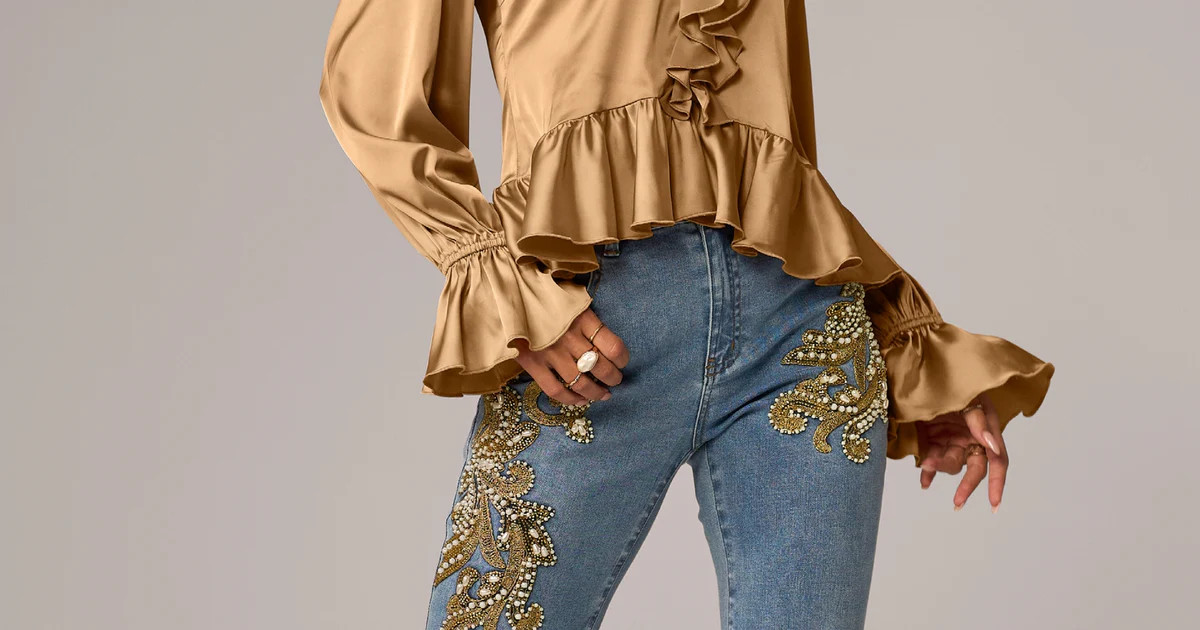 Scroll and Pearl Embellished Bootcut Jean - Medium Wash | Boston Proper | Boston Proper