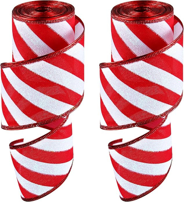 Waydress 2 Rolls Christmas Peppermint Stripe Ribbon Glitter Wired Candy Cane Fabric Wrapping DIY ... | Amazon (US)
