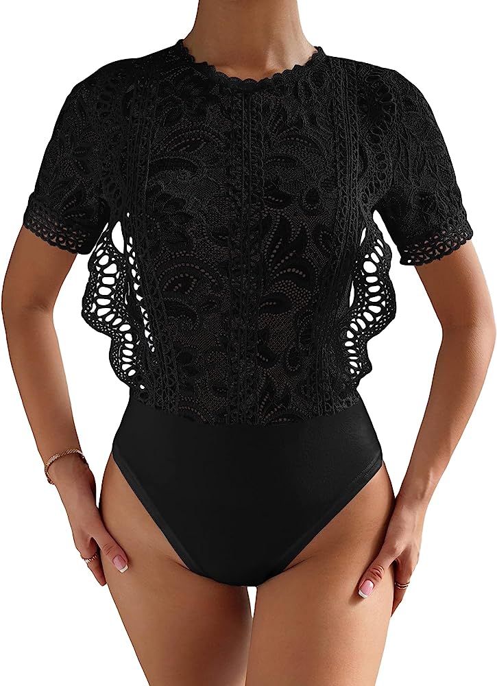 OYOANGLE Women's Elegant Short Sleeve Bodysuit Floral Lace Crew Neck Sheer Work Bodysuit | Amazon (US)