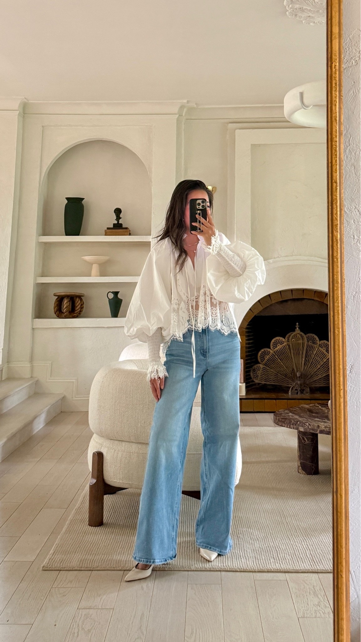 For size reference, I’m 5 ft 115 pounds and wearing the sizes below:

TOP: I’m wearing a size XS. The fit is airy and so comfortable! 

JEANS: Stretchy but does not lose shape. VERY COMFORTABLE for midsection/postpartum tummy! Flattering wide/straight leg shape. I’m wearing 26x30 (regular), color ‘Frosted Blue’. Length is great with sneakers and kitten heels.

#LTKOver40 #LTKPetite #LTKootd