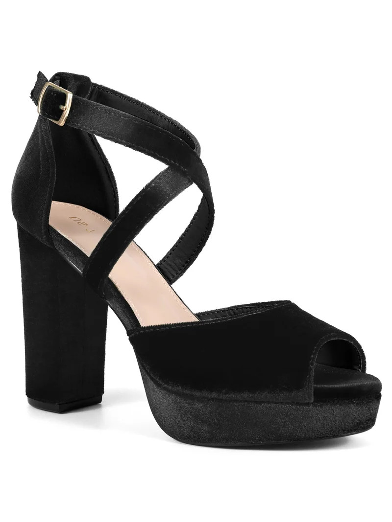 BLISSFUL STEP Peep Toe Platform Velvet Crisscross Strap Block Heel Sandals for Women Black 6 | Walmart (US)