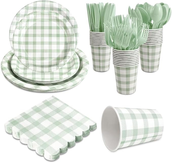 168Pcs Gingham Party Supplies for 24 Guests Thick Paper Plates and Napkins Knives Spoons Forks Cu... | Amazon (US)