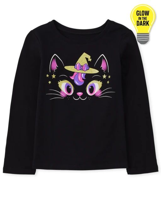 Baby And Toddler Girls Long Sleeve Witch Cat Graphic Tee | The Children's Place  - BLACK | The Children's Place
