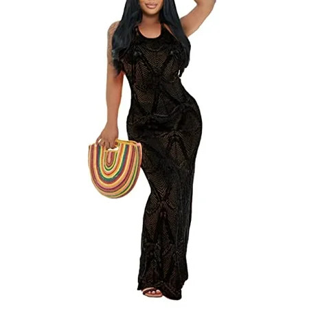 Women s Swimsuit Coverup Sexy Hollow Out Crochet Sleeveless Backless Halter Long Dress Beach Bikini  | Walmart (US)