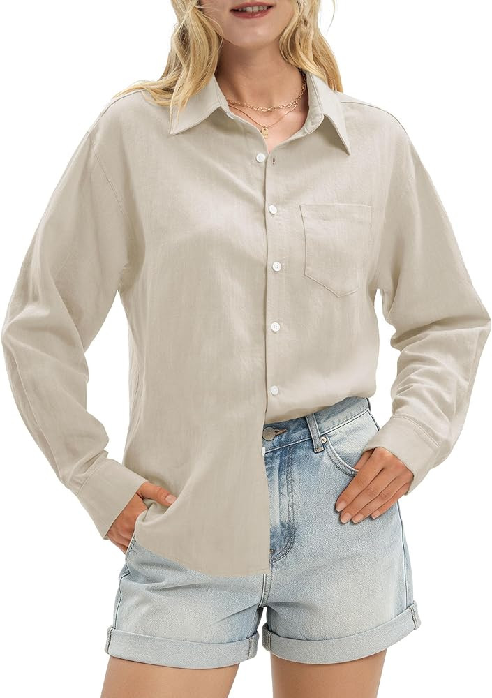 Women's Linen Shirts Casual Button Down Linen Tops for Women Long Sleeve Loose Fit for Summer Bea... | Amazon (US)