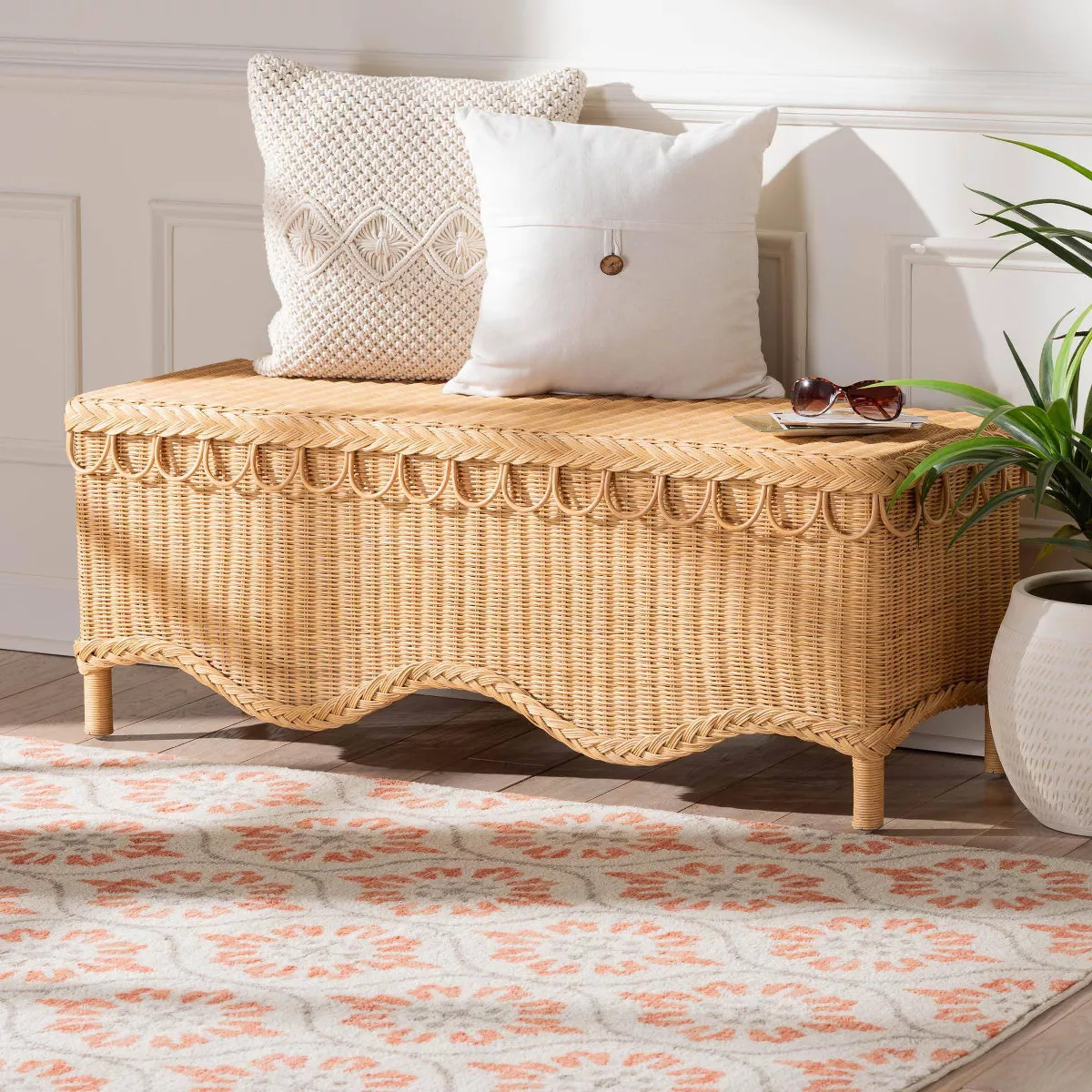 bali & pari Erla Rattan Accent Bench with Scallop Border Light Honey | Target