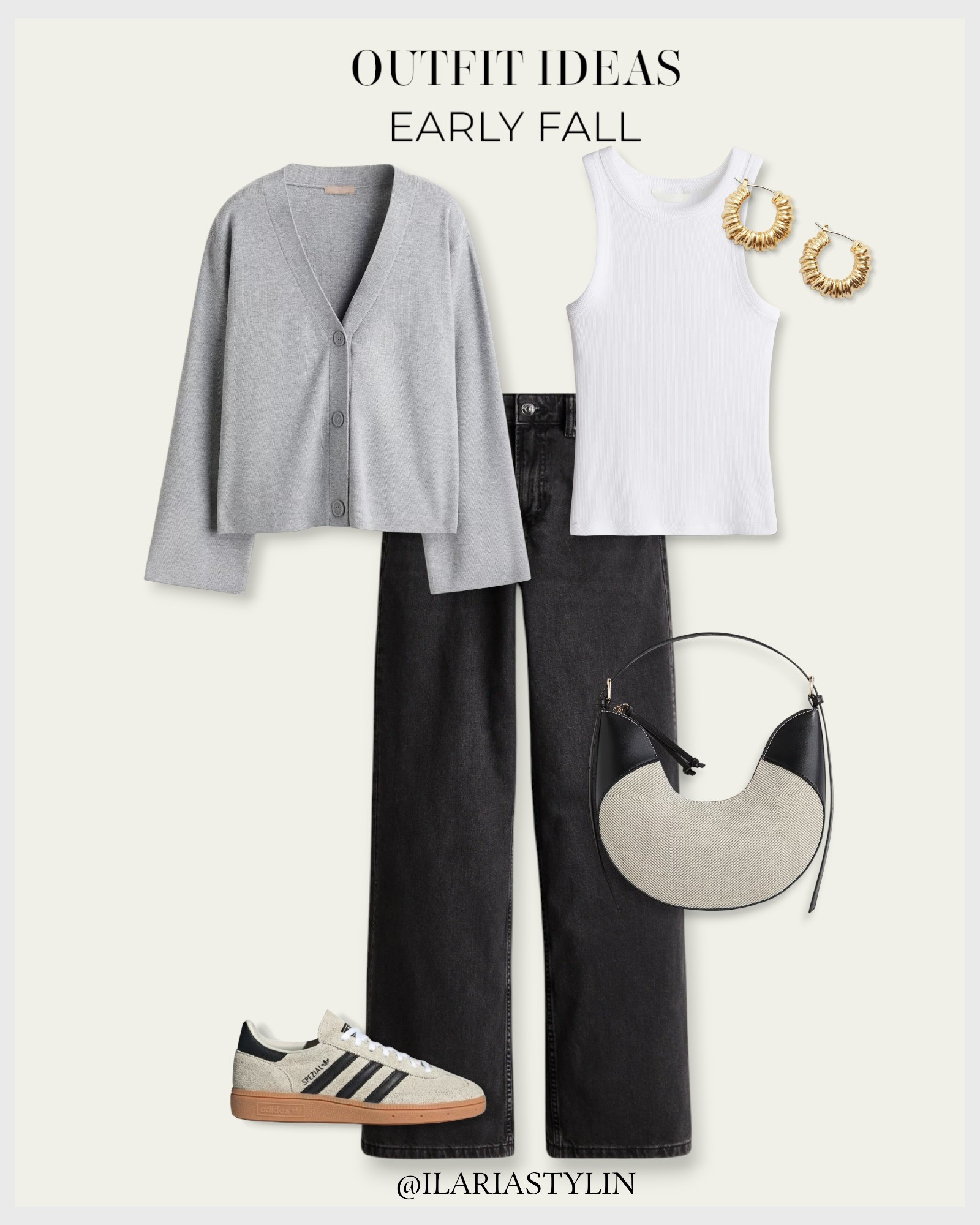 OUTFIT IDEAS: EARLY AUTUMN 🍂                                                                                                                                                       autumn outfit, fall outfit, gray cardigan, fine knit cardigan, white top, tank top, ribbed top, dark gray jeans,, wide leg jeans, adidas sneakers, adidas handball spezial, adidas spezial, canvas bag, black bag, shoulder bag, casual outfit, casual ootd

#LTKSeasonal #LTKStyleTip #LTKU