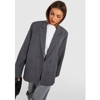 Womens Double Breasted Relaxed Fit Tailored Blazer - Grey - 14, Grey | Boohoo.com (UK & IE)