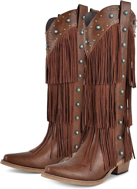 Women's Fringe Western Cowboy Boots, Tiered Tassel Knee High Boots with Turquoise Studs, Retro Po... | Amazon (US)