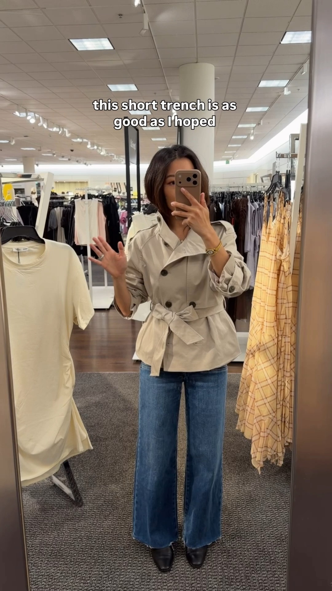 Trying on this belted short trench coat y store only had size small, but I'd be XXS.
• Paige Anessa cropped jeans size 24. Soft and stretchy and perfect length for shorter petites as full length. Mine are an older wash. 
• Steve Madden boots 5.5 from last year 

Nordstrom anniversary sale, petite friendly items

#LTKPetite #LTKSaleAlert #LTKmomlife