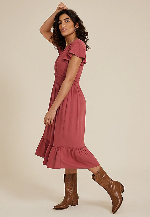 Flutter Sleeve V Neck Midi Dress | Maurices
