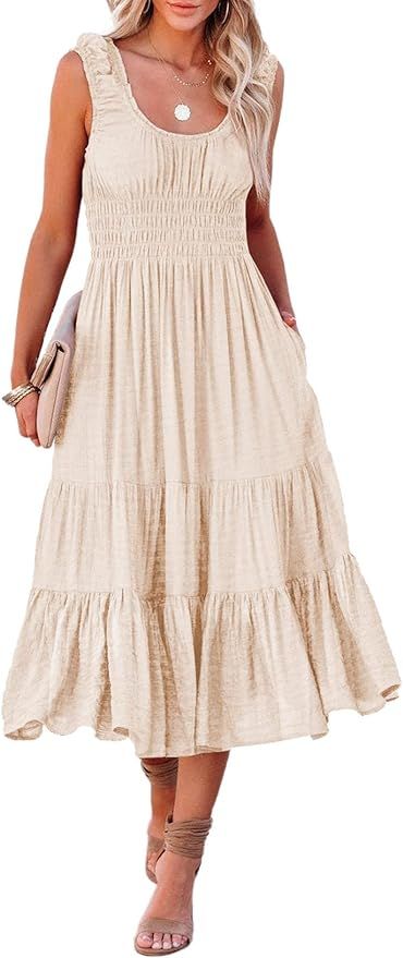 AlvaQ Women Summer Dresses Sleeveless Smocked Midi Dress High Waist Casual Tiered A Line Sundress... | Amazon (US)