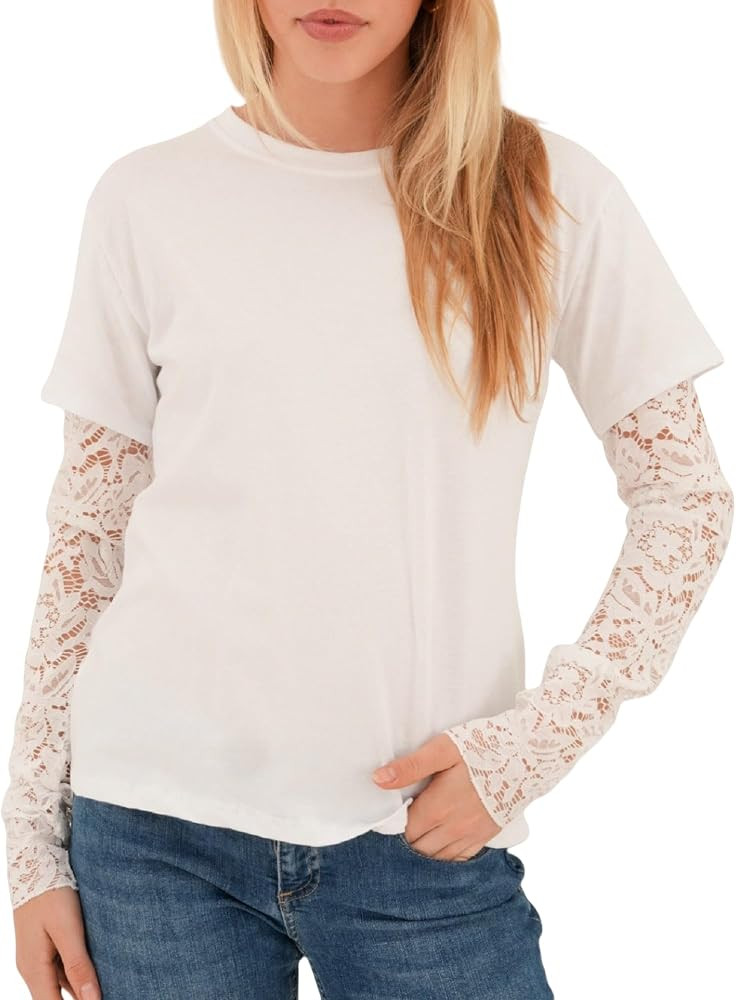 Women Mesh Lace Sleeve T Shirt Y2k Lace Patchwork Long Sleeve Top Crewneck Loose Fit Sheer Going ... | Amazon (US)