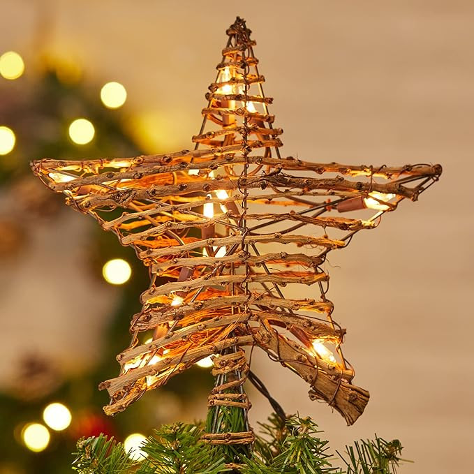 Christmas Star Tree Topper, Plug in 12" Rattan 3D Star Tree Topper, Rustic Rattan Natural Star, B... | Amazon (US)