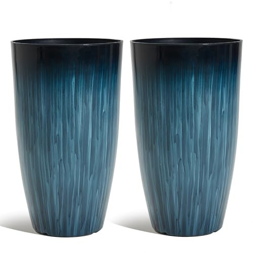 Worth Garden 20" H. Large Plastic Planters - Set of 2 Gradient Blue Glossy Smooth Finish - Tall Plant Pots for Indoor & Outdoor Use - Decorative Lightweight Flower Pots for Front Porch, Patio, Deck | Amazon (US)