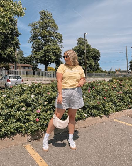 Comfy casual summer outfit - butter yellow graphic tee (L), striped boxer shorts (XL - size up if you have a booty!), adidas sambas

#LTKsummer #LTKcanada #LTKmidsize