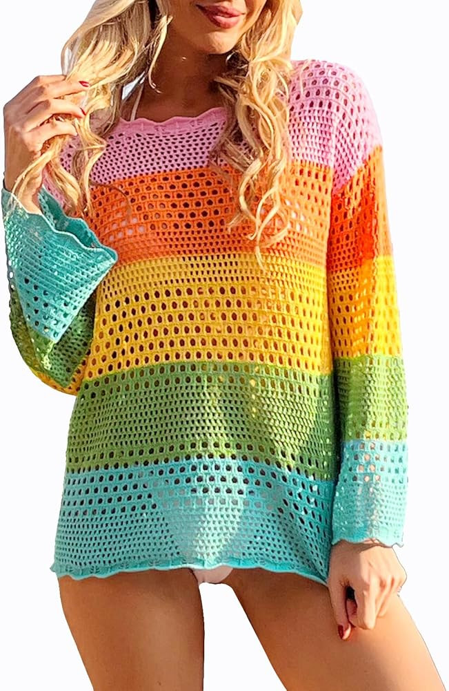 Bellelily Womens Crochet Swimsuit Coverup 2025 Summer Hollow Out Beach Bikini Bathing Suit Cover ... | Amazon (US)