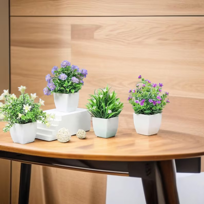 Mini Potted Faux Plants With Flowers – Set of 4 Small Artificial Greenery for Home, Bathroom, S... | Etsy (US)