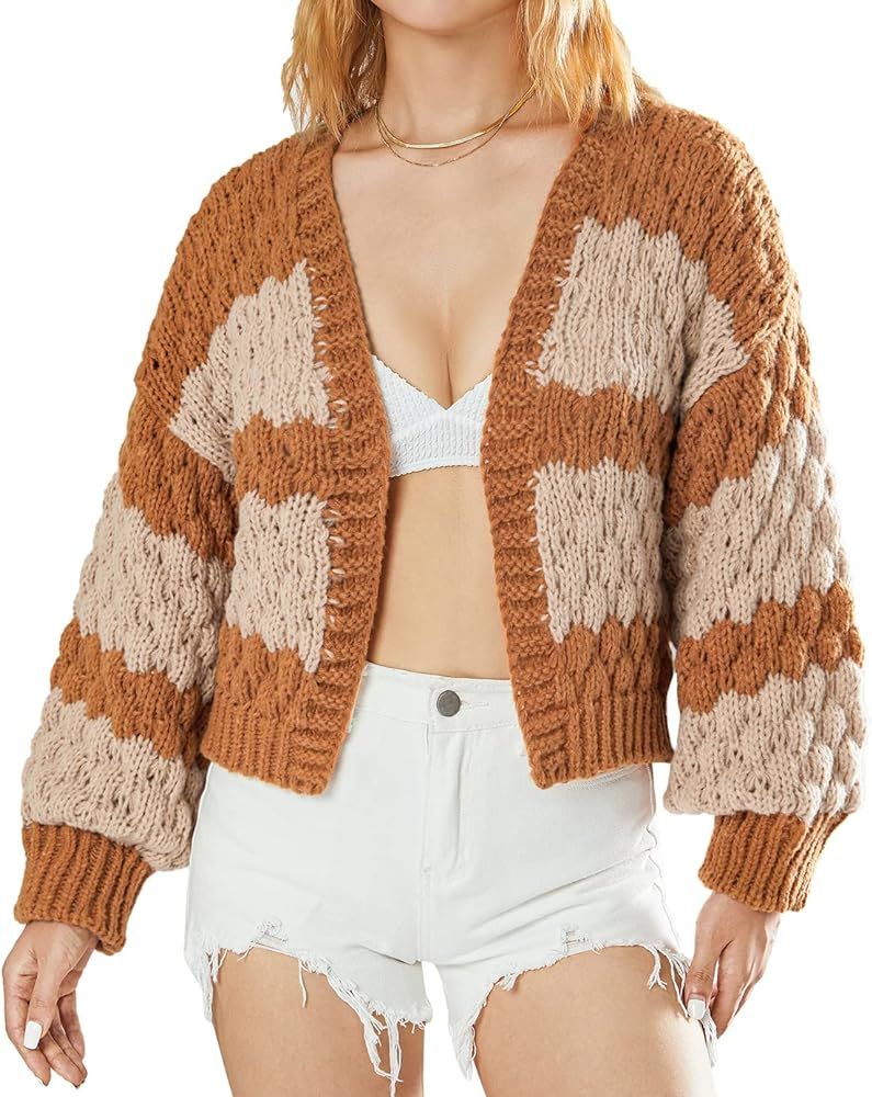 Womens Cropped Cardigan Sweater Oversized Long Sleeve V Neck Cable Knit Crop Cardigan Shirts Jump... | Amazon (US)
