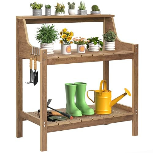 ONBRILL Potting Bench Table, HDPS Potting Bench with 4 Side Hooks, All-Weather Garden Table Work Station, Outdoor Potting Table for Porch, No Rust, No Fade, No Break, 360lbs Capacity (Teak, Large) | Amazon (US)
